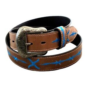 Twisted X Western Cowboy Ranger Leather Belt Ebroidered Blue Barbed Wire Size 44